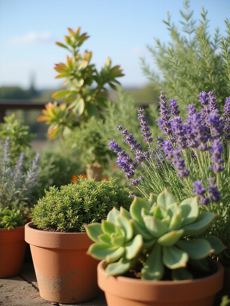 A beautiful balcony garden featuring drought-tolerant plants in terracotta pots under a clear sky.