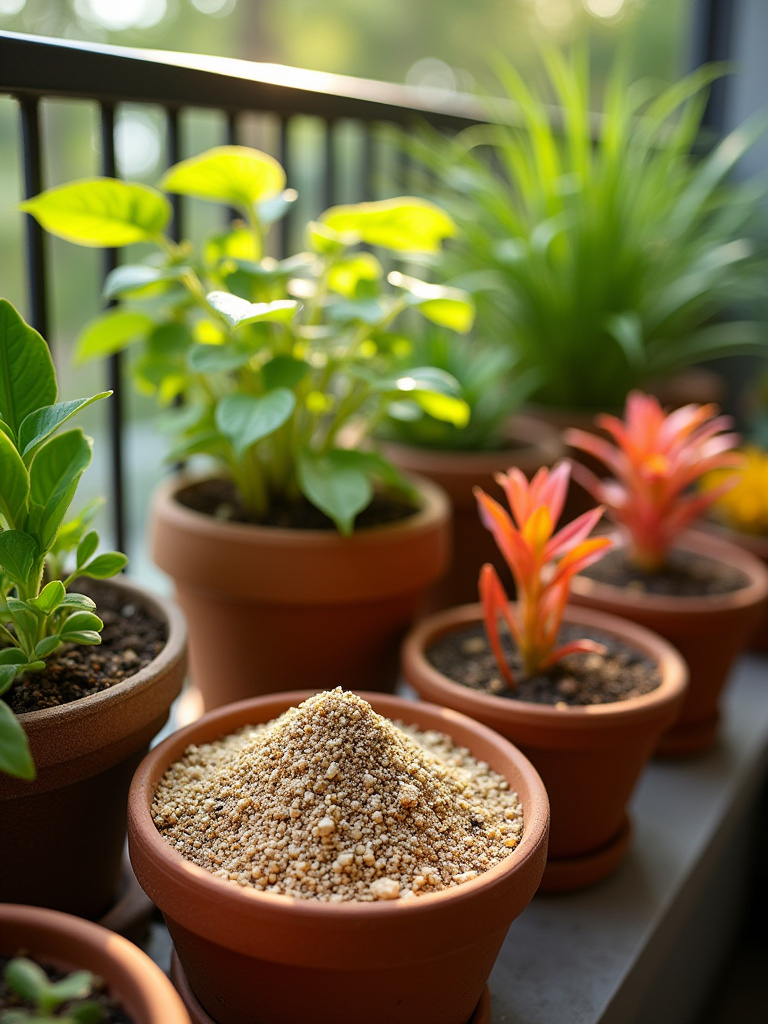 A detailed view of a vibrant balcony garden showcasing various potting mixes in beautiful pots.
