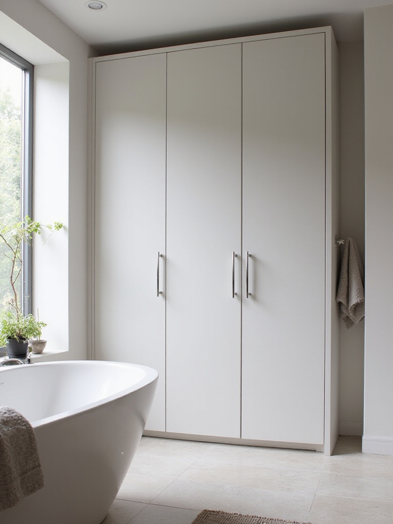 Modern bathroom showcasing recessed cabinets with a seamless design.