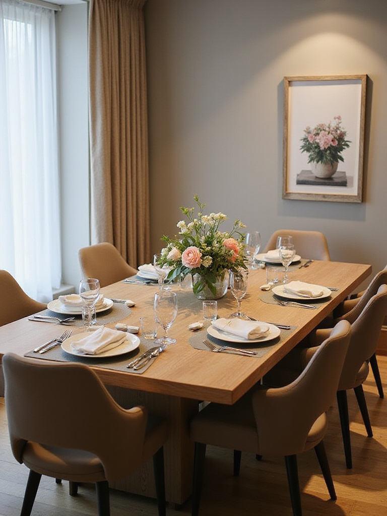 Elegant dining room with a perfectly sized rectangular table and tasteful decor