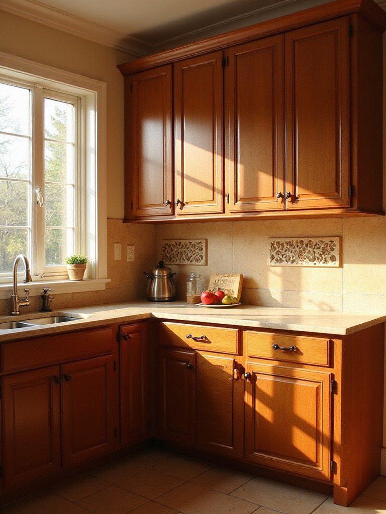 Warm kitchen showcasing a variety of brown cabinet shades