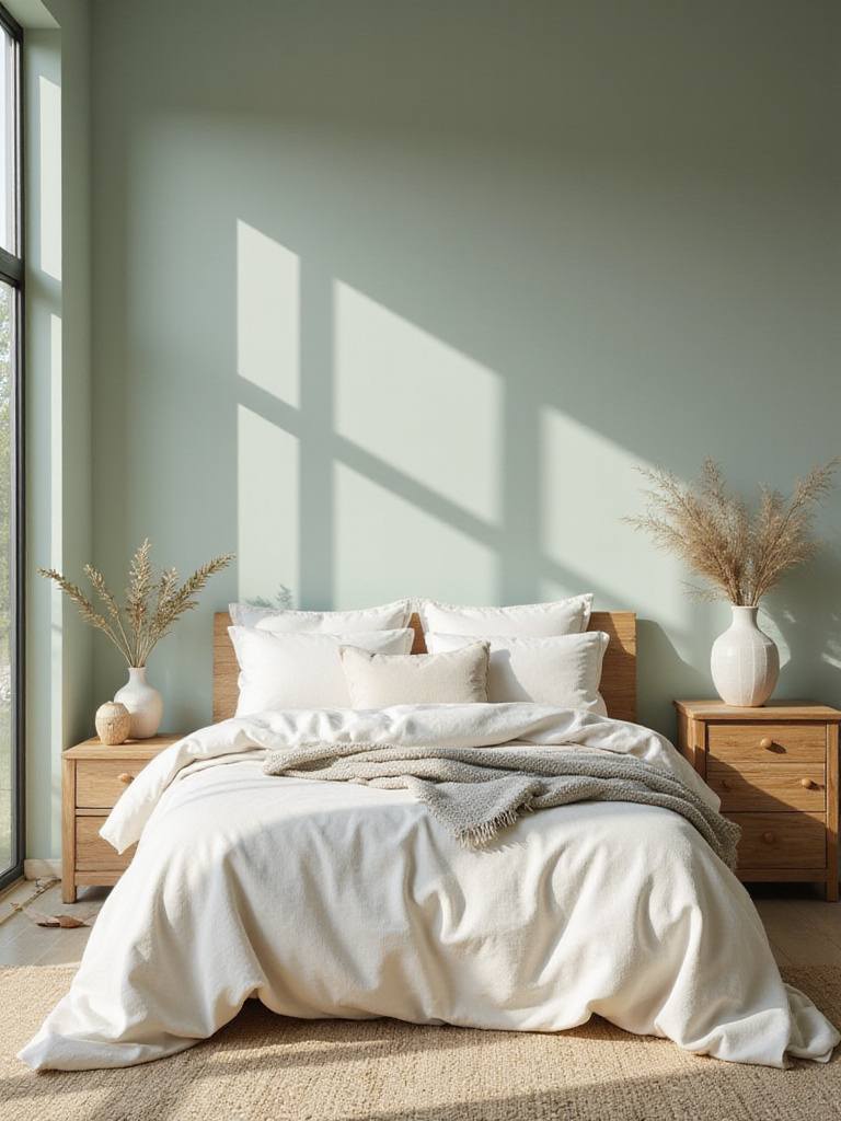 A tranquil bedroom featuring a calming color palette with soft sage green walls and ivory linens.