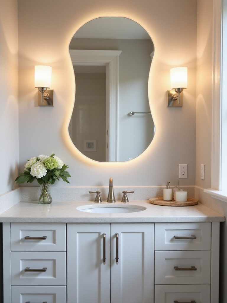 Elegant bathroom mirror with optimal lumens from LED sconces, showcasing bright and functional illumination.