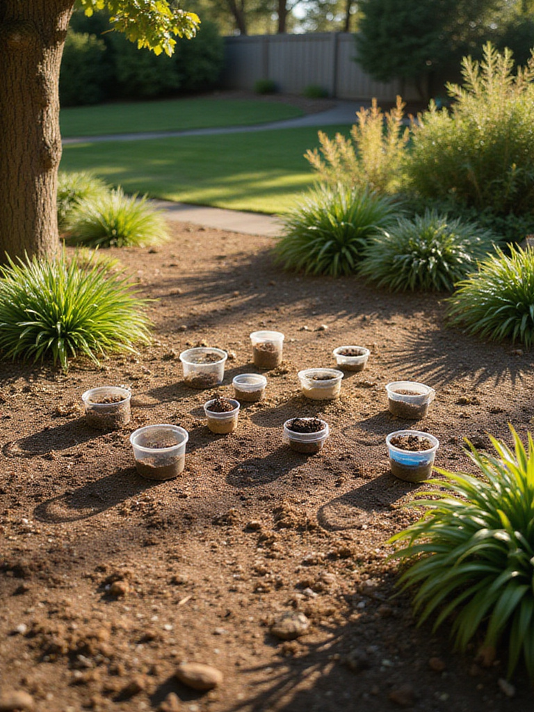 Site analysis setup in a front yard showcasing sun exposure and soil samples.