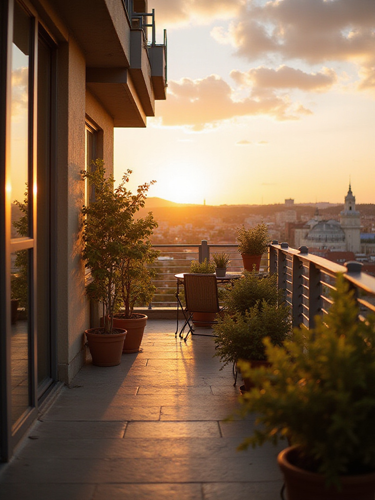 A beautifully decorated balcony with lightweight furniture and plants, overlooking a city landscape at sunset.