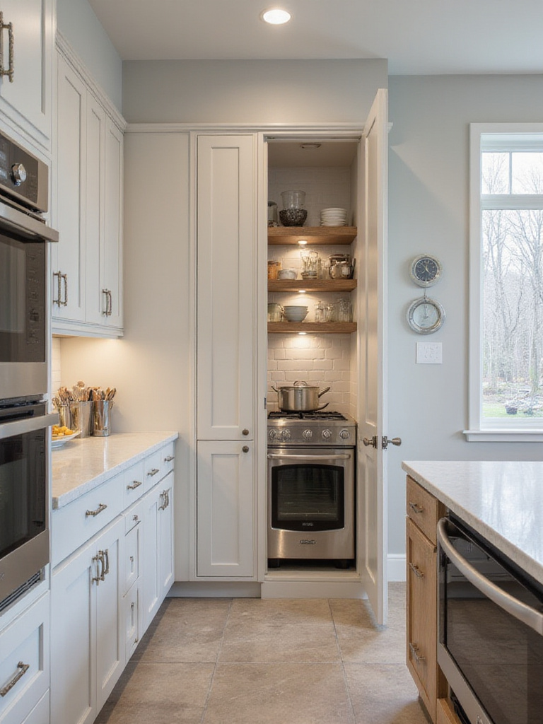 A modern kitchen with an integrated hidden scullery, showcasing clean lines and organized space.