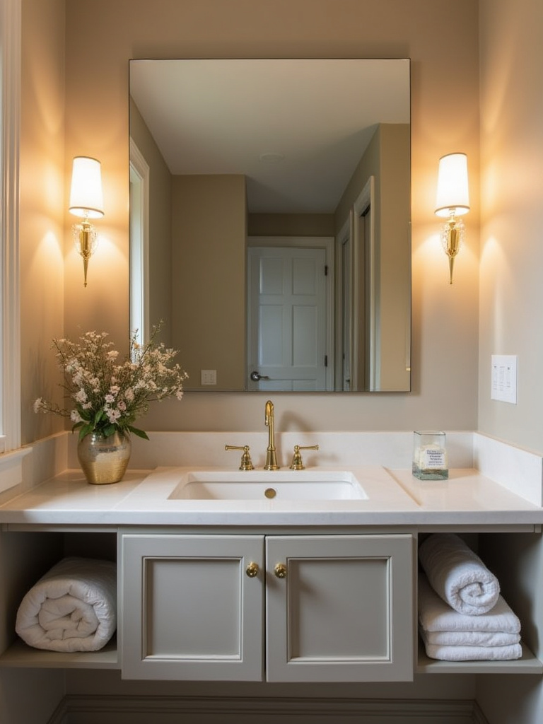 A beautifully designed bathroom with a large rectangular mirror and stylish light fixtures that complement its size and shape.