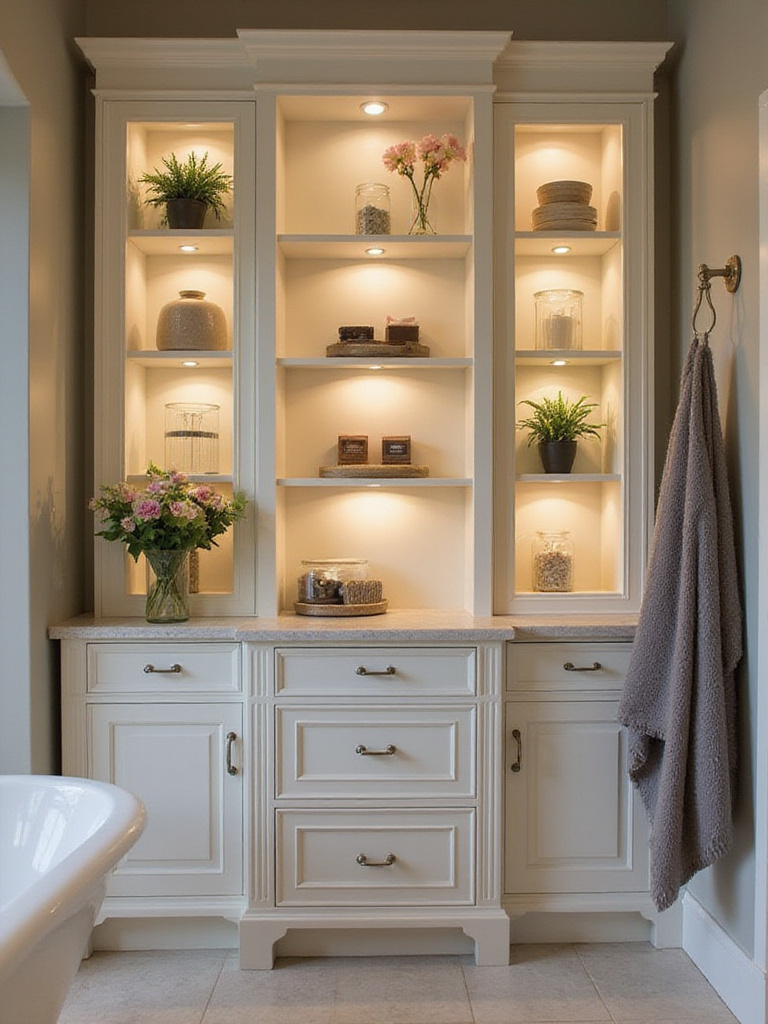 Luxurious bathroom with open shelving in cabinets displaying decorative items