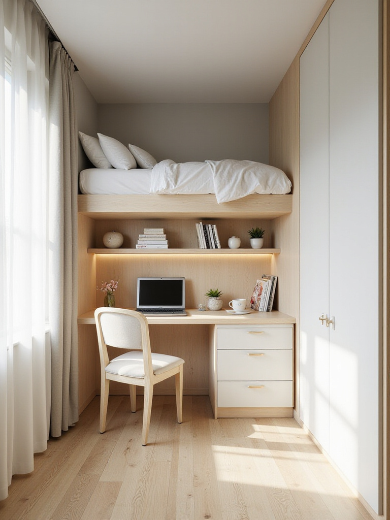 Small bedroom layout with clever furniture arrangements showcasing a loft bed and integrated storage.