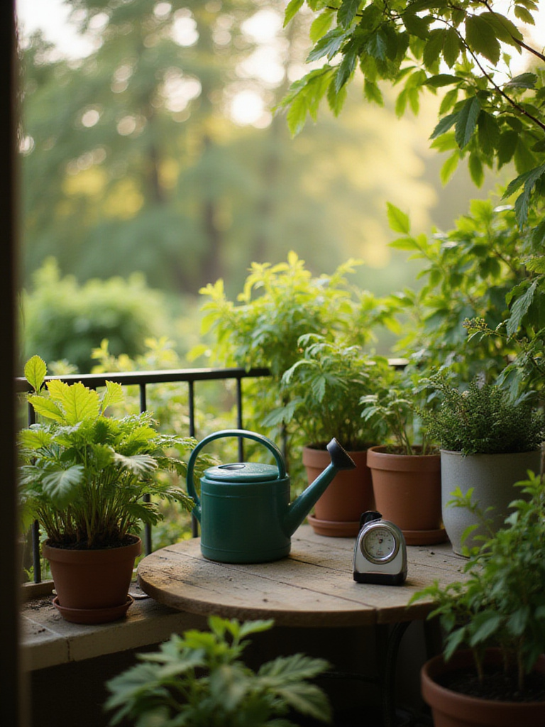 Lush balcony garden with potted plants and watering tools