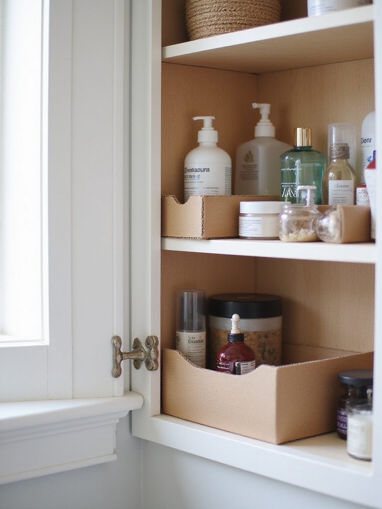 Organized bathroom cabinet with custom-sized dividers made from inexpensive materials.