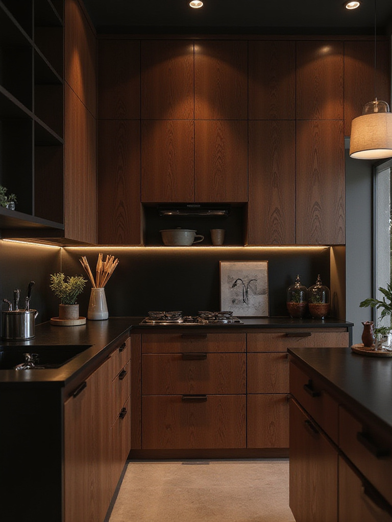 Modern kitchen featuring brown cabinetry and black countertops