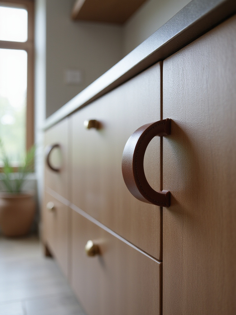 Modern kitchen cabinetry featuring brown leather pulls