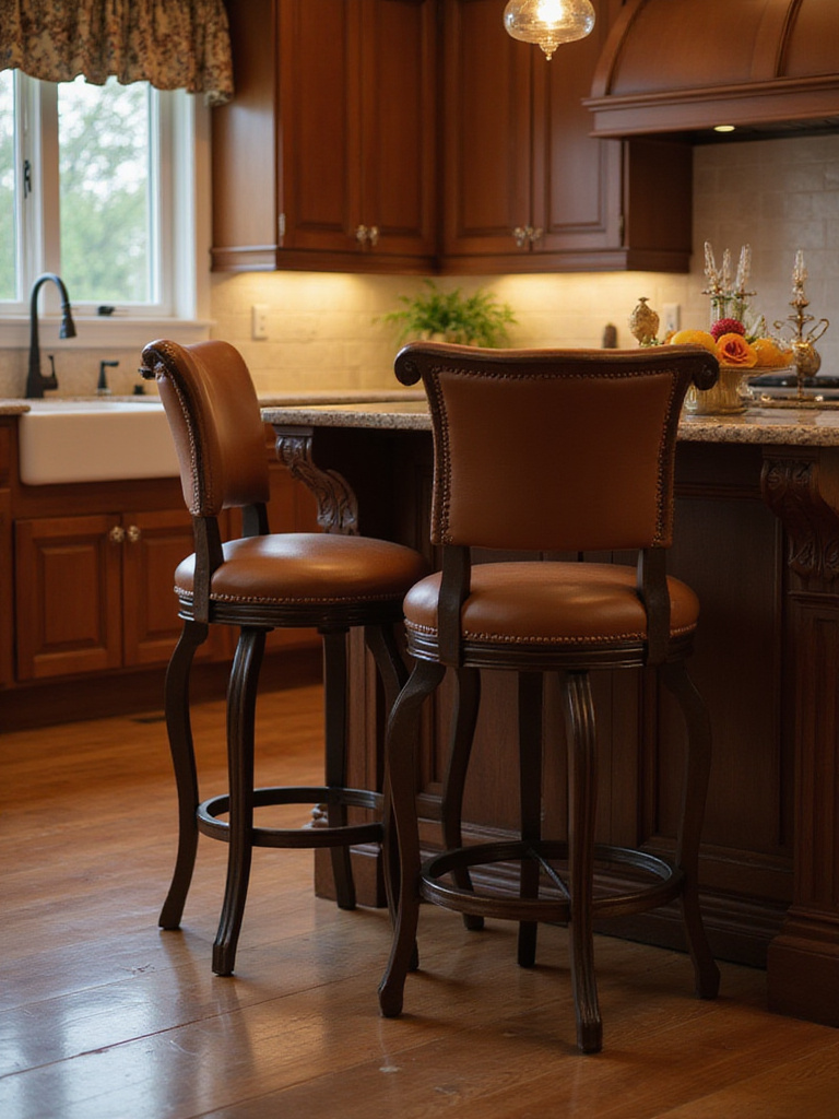 Comfortable brown bar stools at a kitchen island with warm lighting