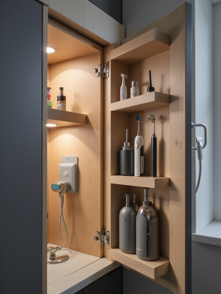 Modern bathroom cabinet with hidden power strips and organized charging devices
