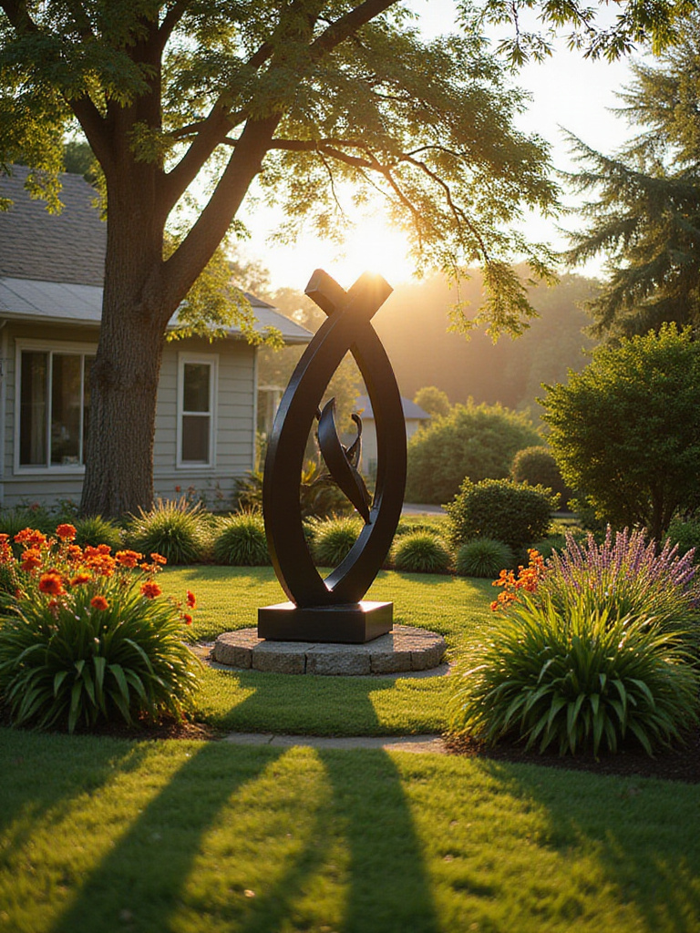 A beautifully designed front yard showcasing a modern sculpture as a focal point surrounded by vibrant flowers.