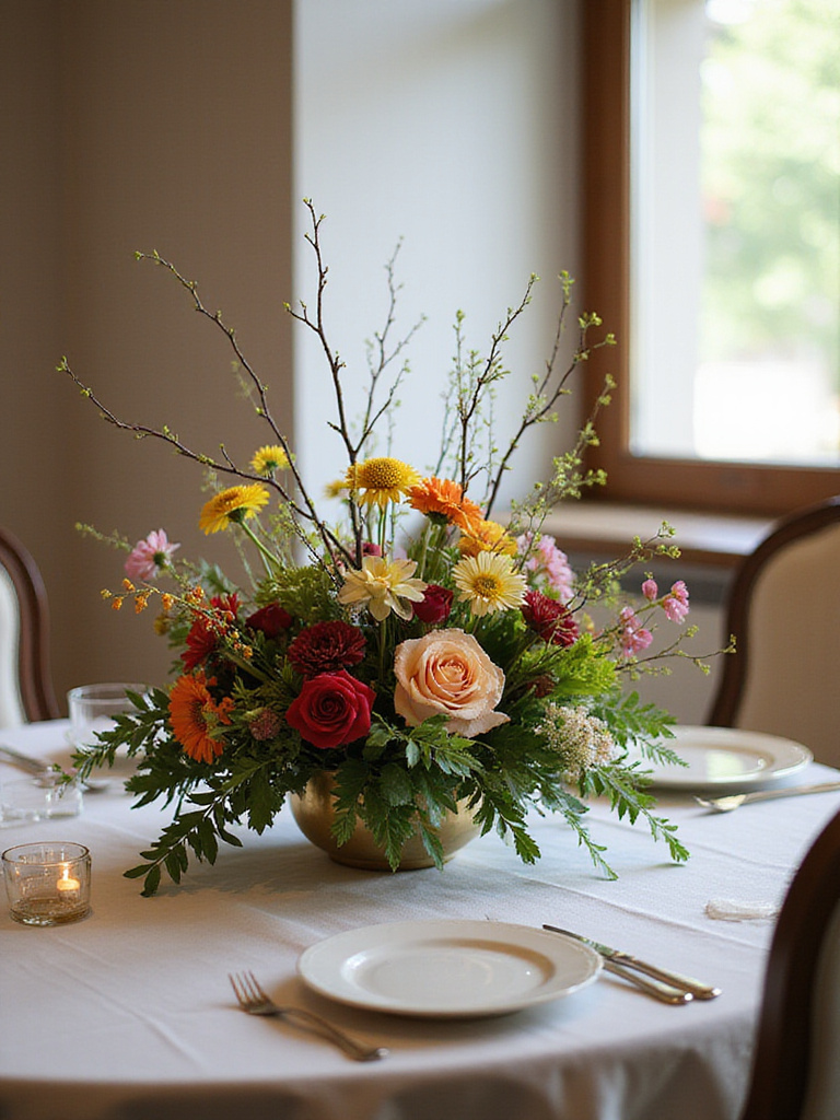 Elegant dining table centerpiece with flowers and greenery