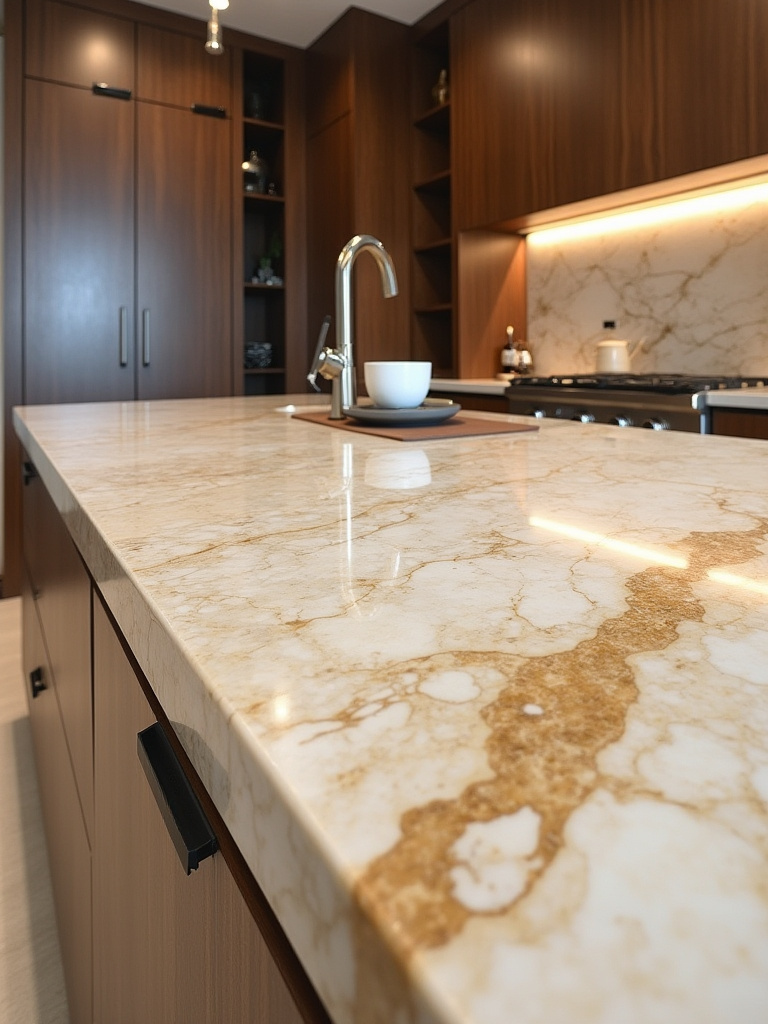 Elegant kitchen design featuring natural stone accents with brown veining in a warm, inviting atmosphere.