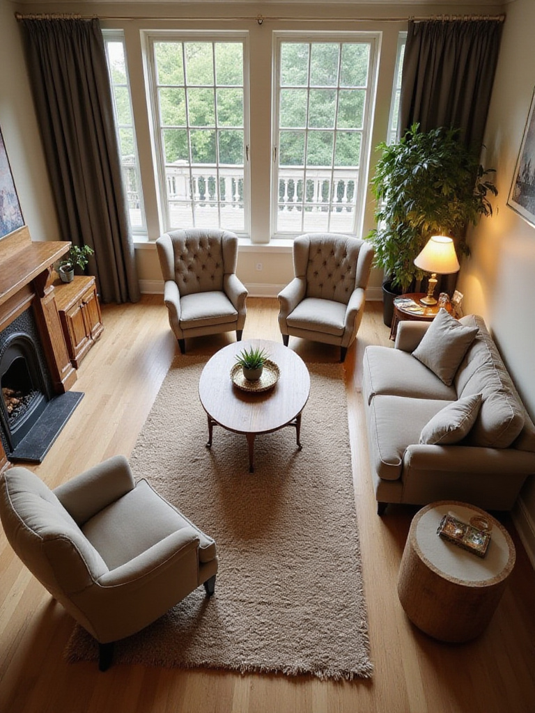 Living room arranged for easy conversation flow with sofa and armchairs