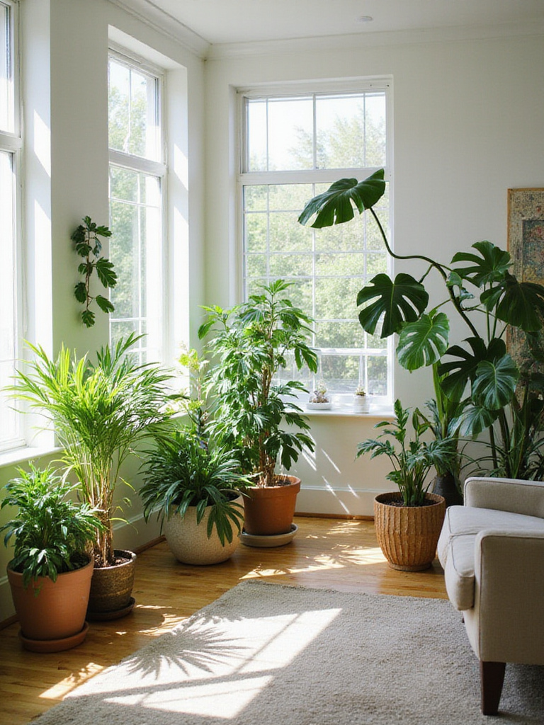 Bright living room decorated with various indoor plants, creating a fresh and vibrant atmosphere.