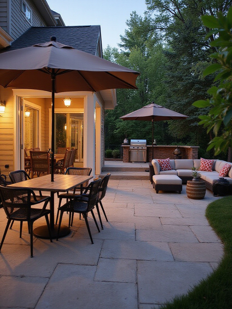 Beautifully zoned patio featuring dining, lounging, and cooking areas with stylish furniture and warm lighting.