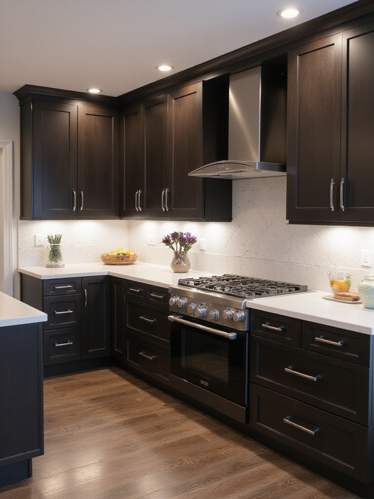 Modern kitchen featuring dark espresso cabinets with white quartz countertops and stylish lighting.