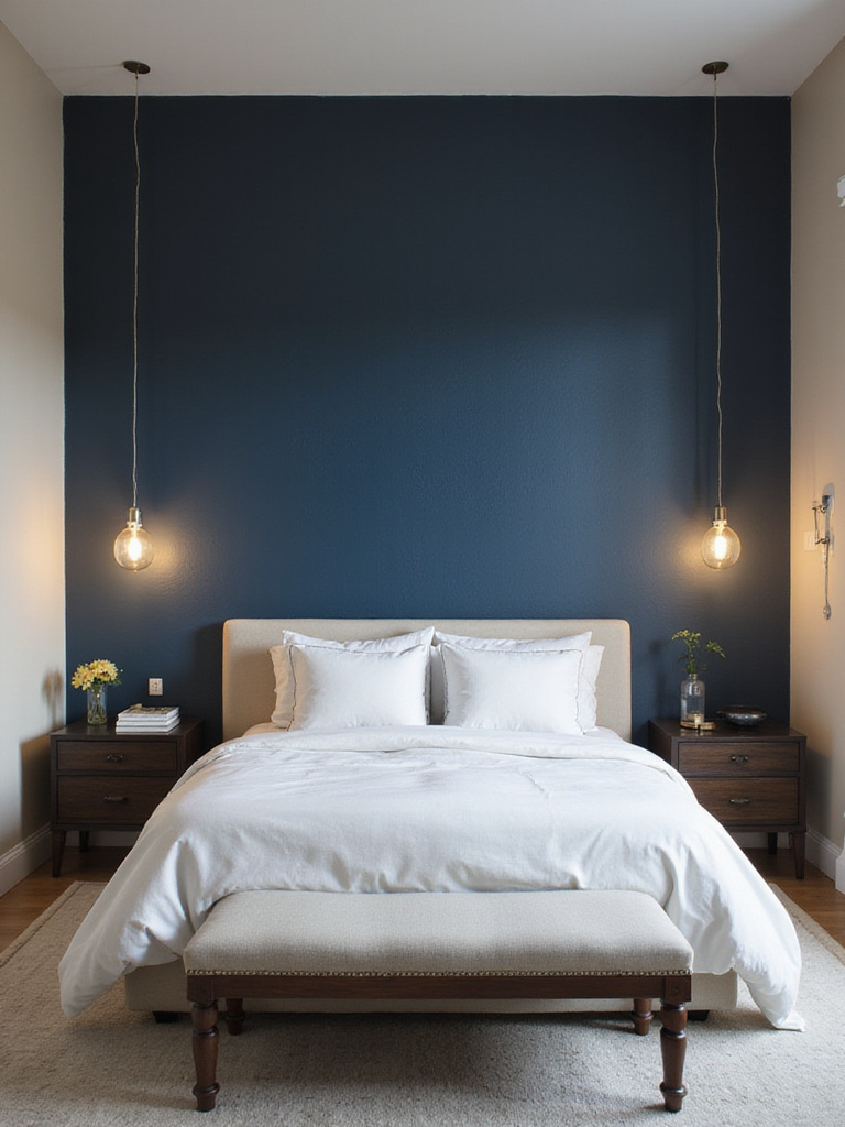 Elegant bedroom with a stunning navy blue accent wall behind the bed.