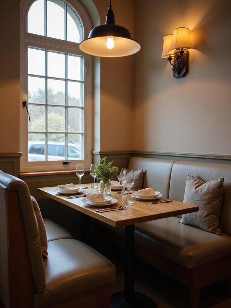 Cozy dining nook featuring banquette seating with cushions and a table set for dinner.