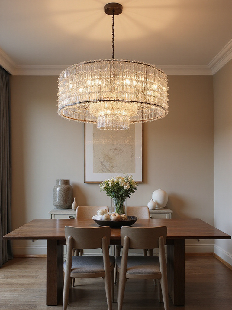 Elegant dining room with a statement chandelier above a wooden dining table