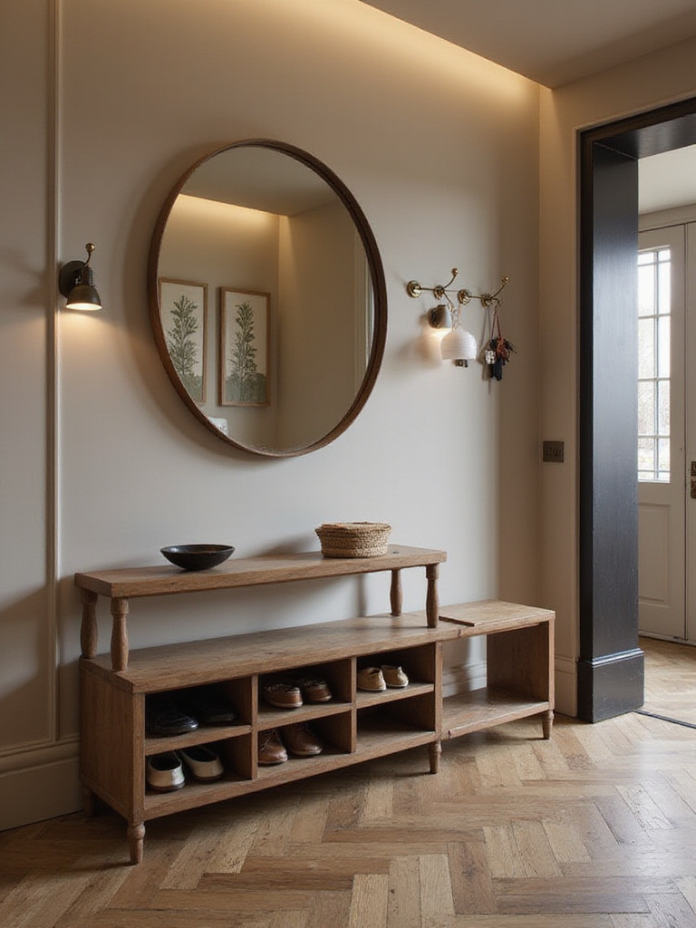 Stylish entryway in a modern apartment with a console table and warm lighting