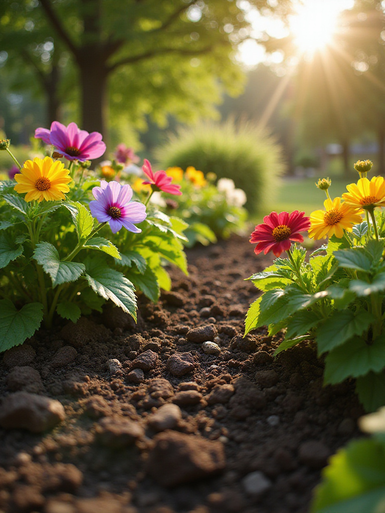 Rich garden soil with vibrant flowers in full bloom under sunlight