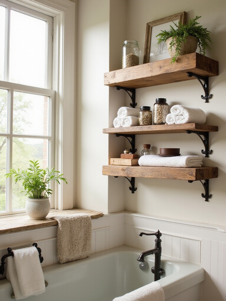 Rustic bathroom featuring floating shelves with wrought iron brackets, decorated with towels and plants.