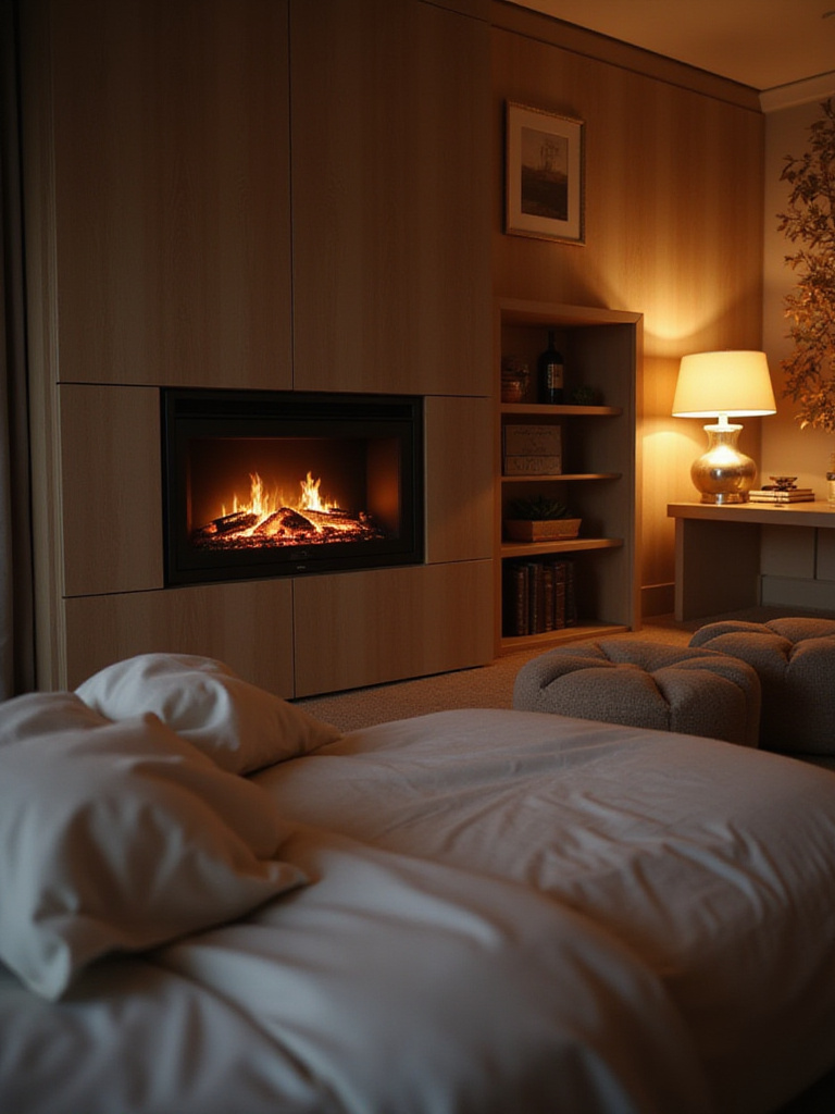 Cozy bedroom featuring a modern electric fireplace with warm lighting