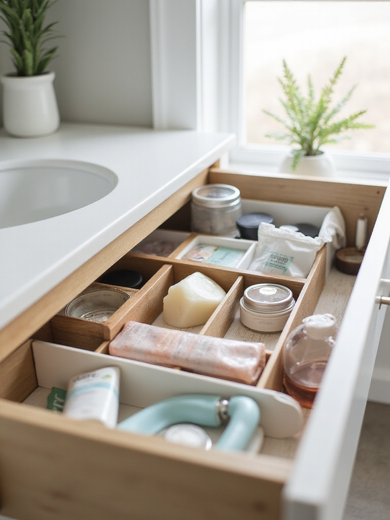Organized bathroom drawer with adjustable dividers