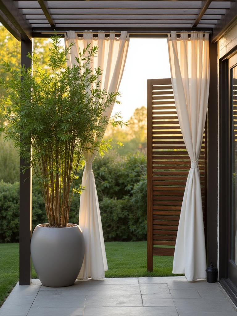 A beautifully designed patio with tall planters and outdoor curtains for privacy.