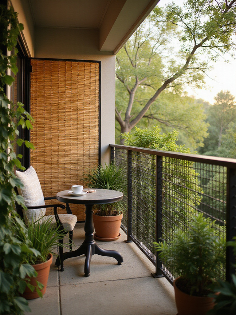 Cozy balcony with bamboo screens providing privacy and greenery