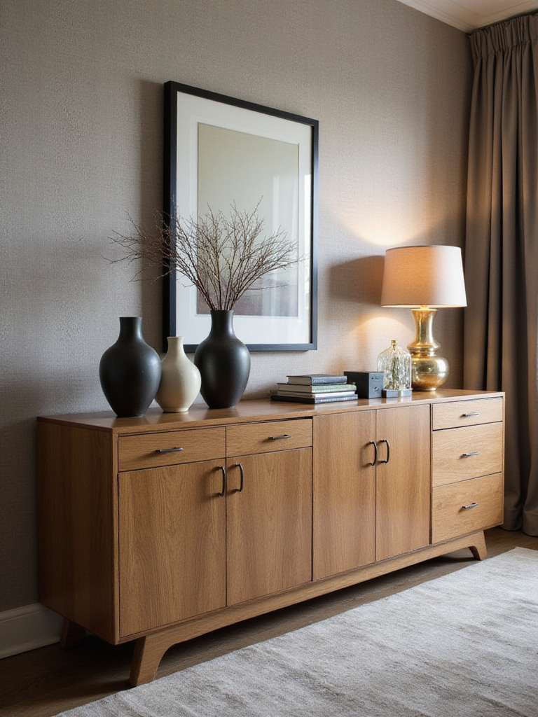 A stylish buffet or sideboard in a modern dining room, showcasing decorative items and providing storage.