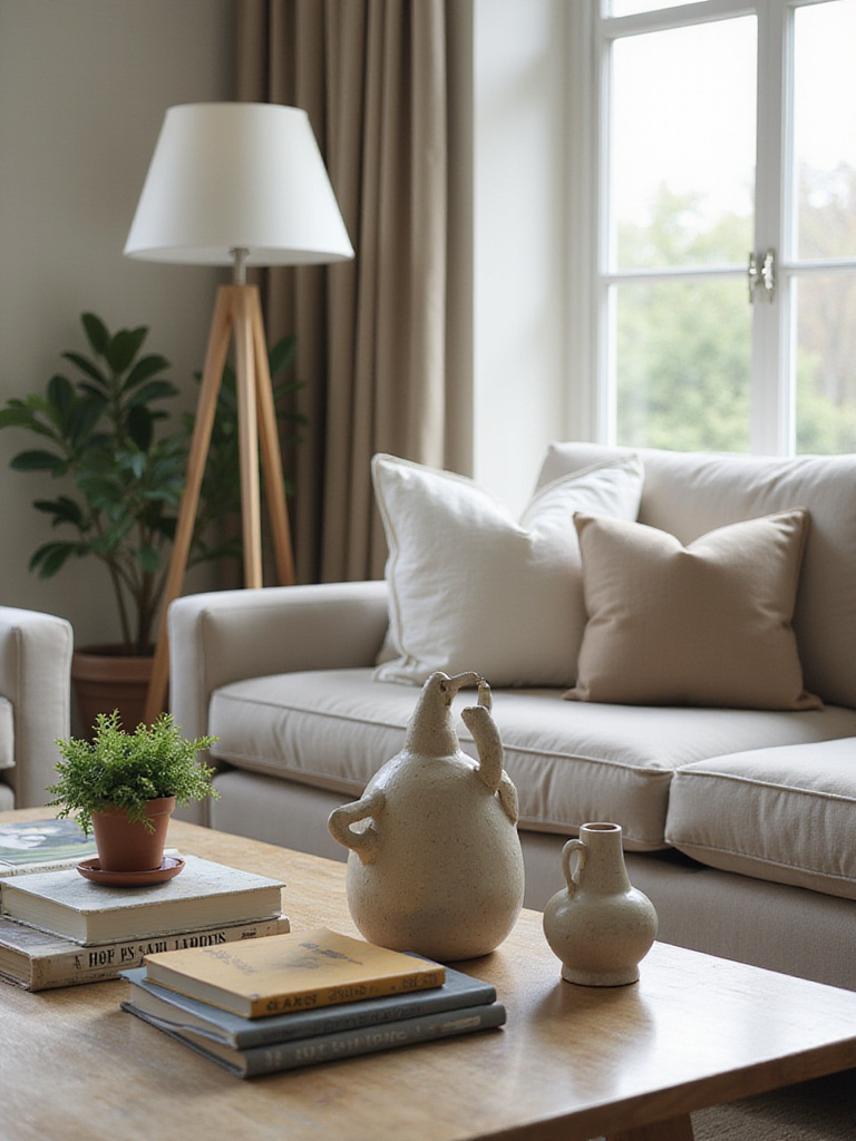 Styled living room with curated decorative objects on a coffee table