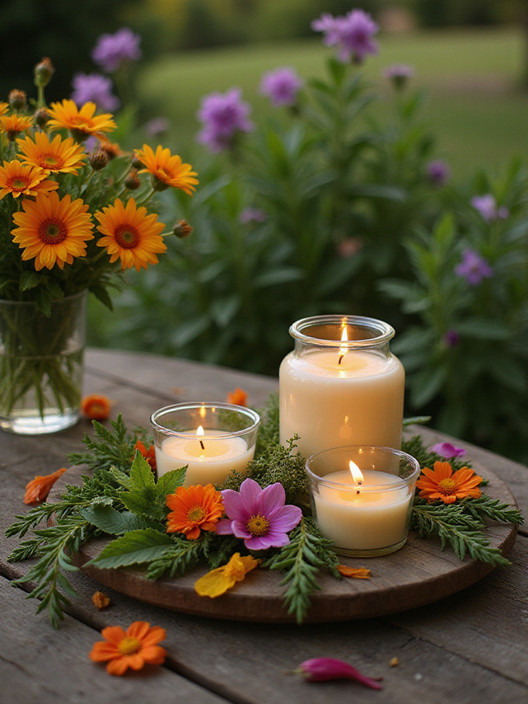 Aromatic herbs and scented candles on a patio table surrounded by colorful flowers.
