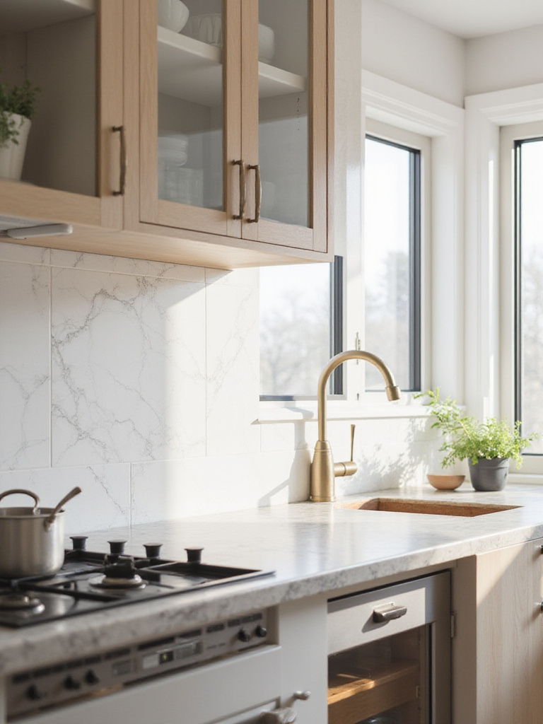 Modern kitchen with elegant backsplash design in white porcelain tiles.