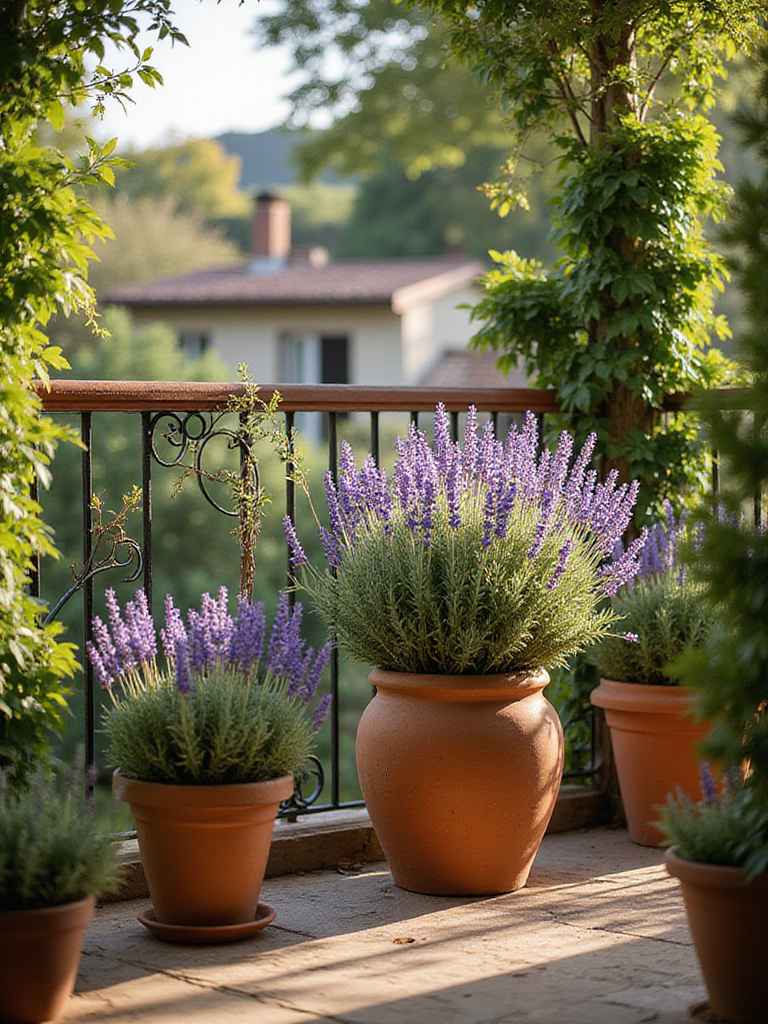 Mediterranean themed balcony garden with lavender and rosemary in terracotta pots