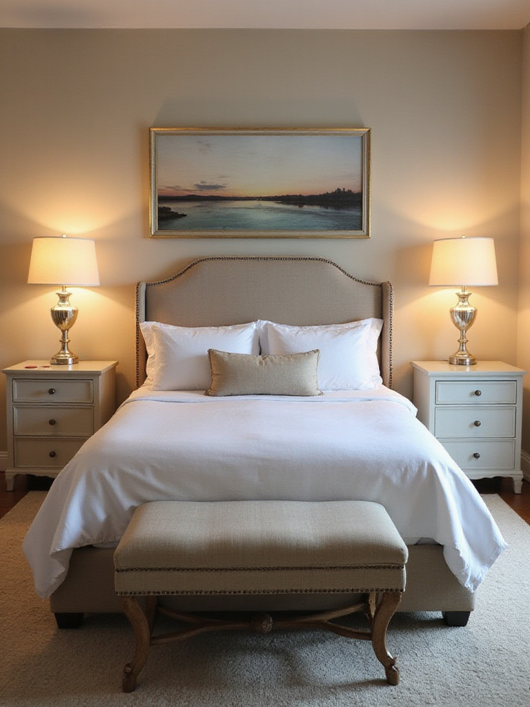 Elegant bedroom layout showcasing symmetrical furniture arrangement for harmony and tranquility.