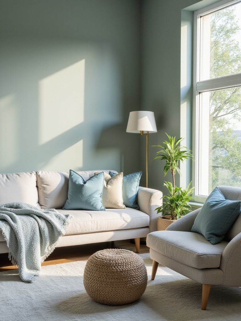 A calming color palette in a stylish apartment living room with soft green and blue accents.