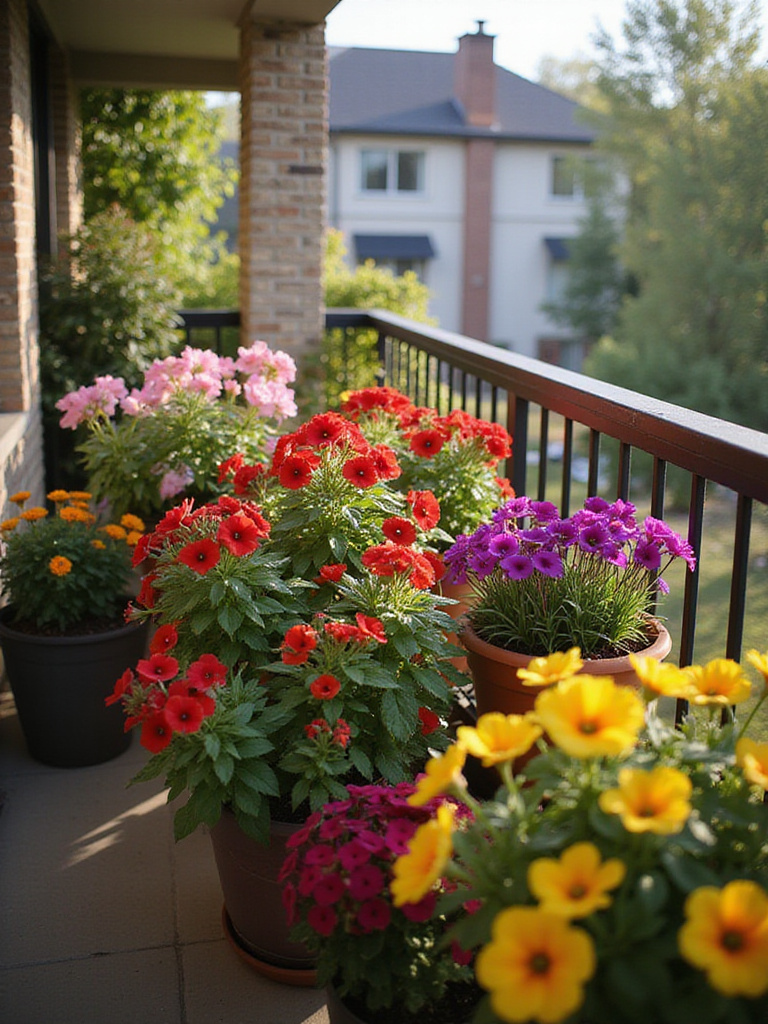A vibrant balcony garden filled with blooming petunias, geraniums, and impatiens in colorful containers.