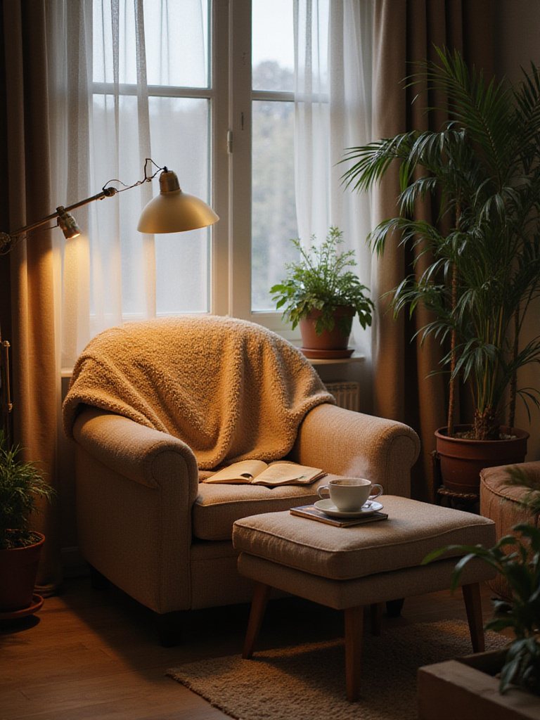 Cozy reading nook in a bedroom with armchair, lamp, and plants