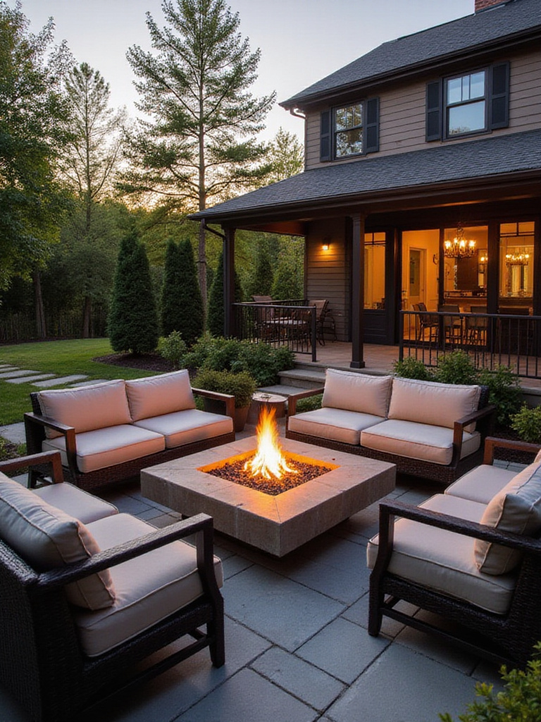 A charming outdoor patio with a modern fire pit surrounded by cozy seating, illuminated by warm evening light.
