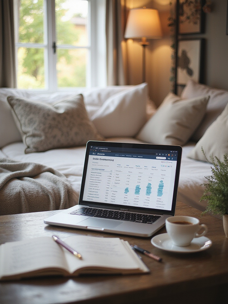 A stylish bedroom workspace highlighting a budgeting theme with a laptop and notepad.