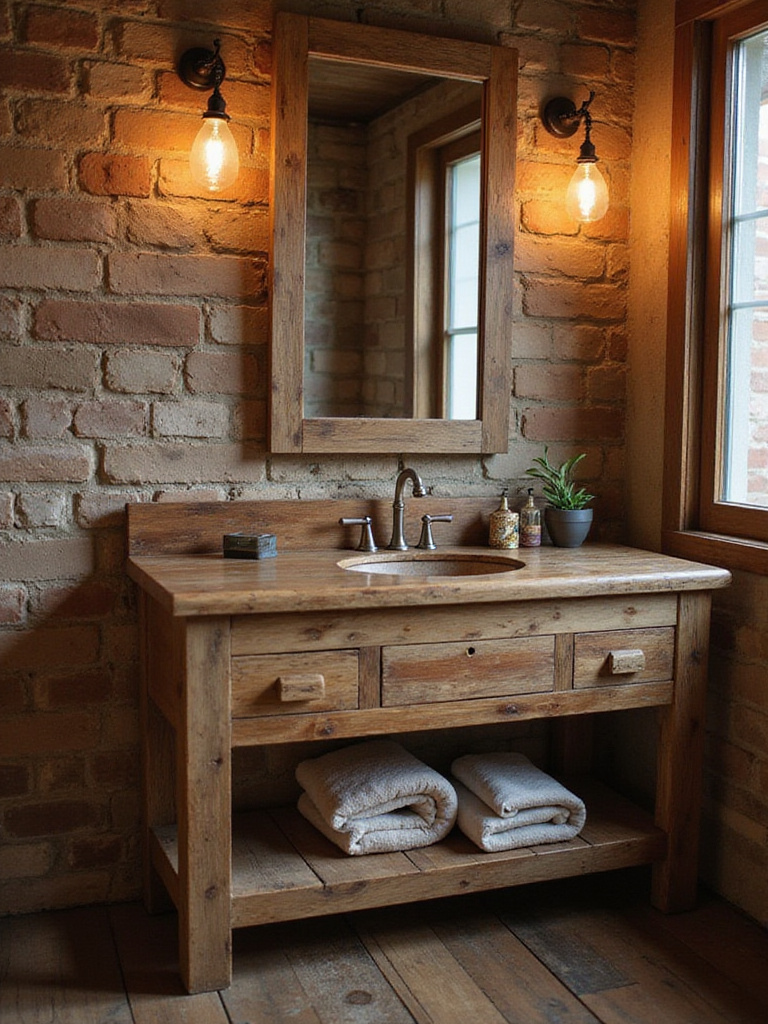 Rustic bathroom with reclaimed wood vanity highlighting its unique textures and warm atmosphere.