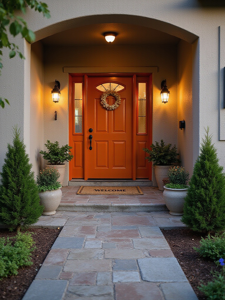 A welcoming entryway featuring a stone pathway and vibrant front door, enhanced by warm lighting and potted plants.