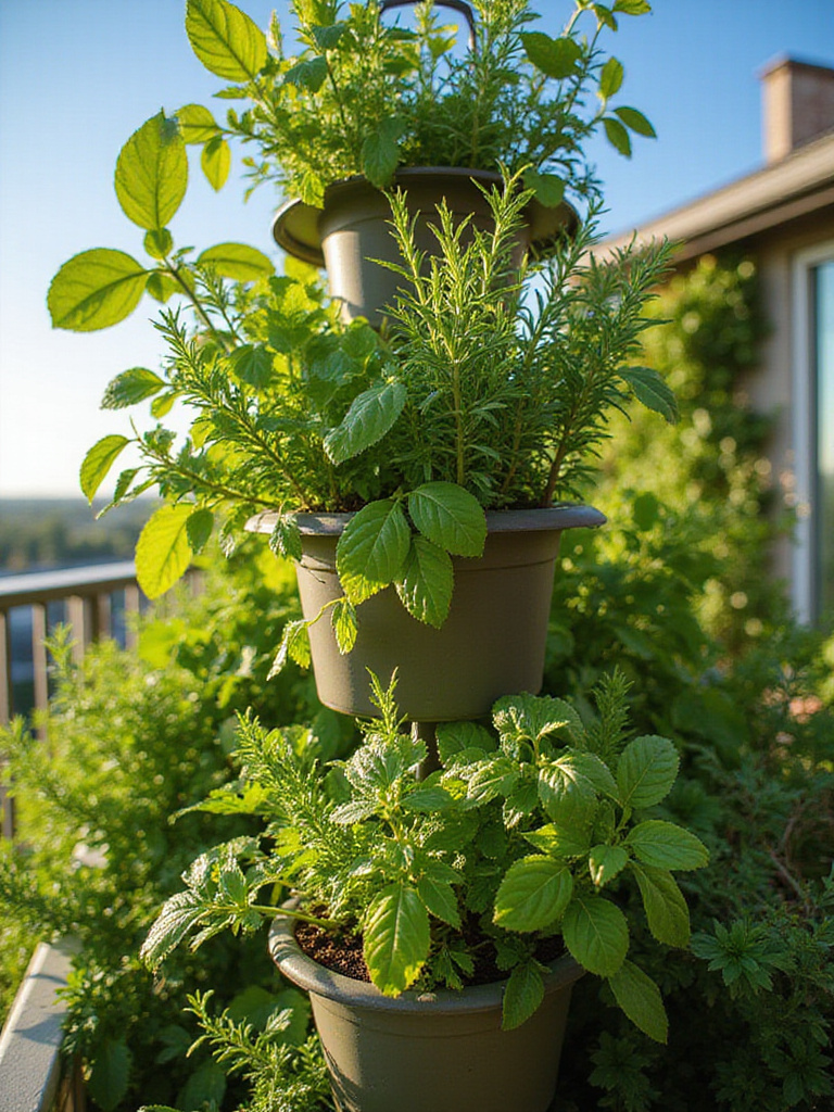 Vibrant vertical herb garden on a balcony with various herbs in a tiered planter.